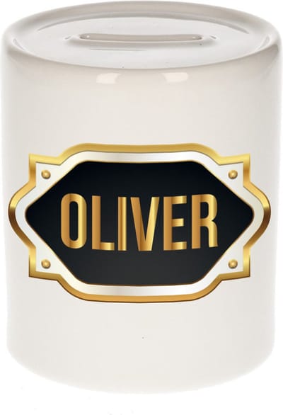 Spaarpot met voornaam Oliver - wit - met goud/zwart embleem - 8 x 9 cm - keramiek - met afsluitdop - cadeau verjaardag