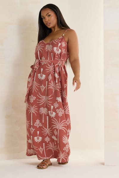 Yours Midaxi Jurk Met Palmboomprint En Camibandjes In Roestoranje Size 48