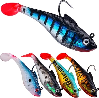 Set van 5 stuks rubberen visaas met jigkop voor forel, snoekbaars en baars, ideaal kunstaas voor zoet en zout water (11 cm)
