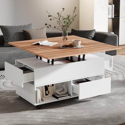 REDOM Salontafel met Hefblad en Opbergruimte 100 x 50 cm – Uitschuifbaar tot 100 x 100 cm – 4 Laden & 4 Wielen – Voor Woonkamer – Spaanplaat – Wit met Eikenlook