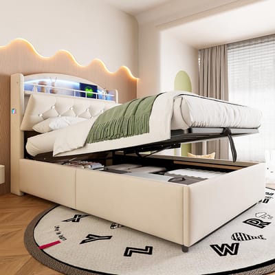 Kinderbed Chest bed 90x200 fluweel eenpersoons multifunctioneel bed met LED en USB-opbergruimte beige