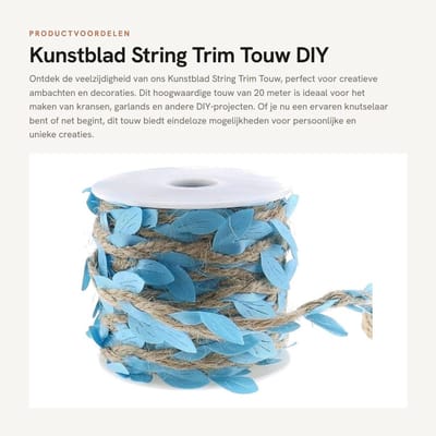 Dailygoods- Kunstblad Touw 20m - Jute Touw - Doe-Het-Zelf Decor - Ambachtelijke Decoratie - Blauw - Natuurlijke Look - Lint