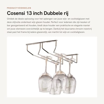 Dailygoods- Wijnglashouder - Verstelbare Glasklem - Onderkast Beugel - Roestvrij Staal - Makkelijk te Monteren - 33 cm - Glashouder