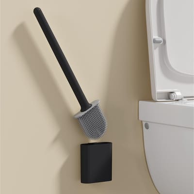 Zwarte siliconen toiletborstel met lange steel, flexibele reiniger MINI badkamerborstel, snel drogende houder, badkameraccessoires