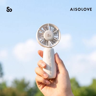AISOLOVE Mini Handventilator F07 – 2000mAh – 3 Snelheden – Stil – USB‑C Oplaadbaar – Draagbare Ventilator voor Reizen, Sport & Bureau – Wit
