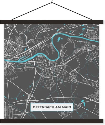 Posterhanger incl. Poster 120x120 cm - Schoolplaat - Kaart – Plattegrond – Stadskaart – Offenbach am Main – Duitsland – Blauw - Textielposter - Zwarte latten - Stadskaart