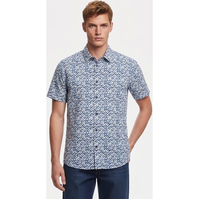 No Excess Shirt Short Sleeve Slub Allover Printed Indigo Blue Maat: M | Casual Overhemden Outlet | Heren | Blauw