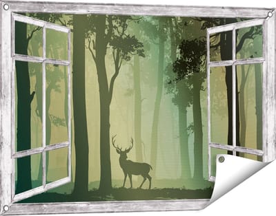 Gards Tuinposter Doorkijk Hert in het Bos - Silhouet - 90x60 cm - Tuindoek - Tuindecoratie - Wanddecoratie buiten - Tuinschilderij