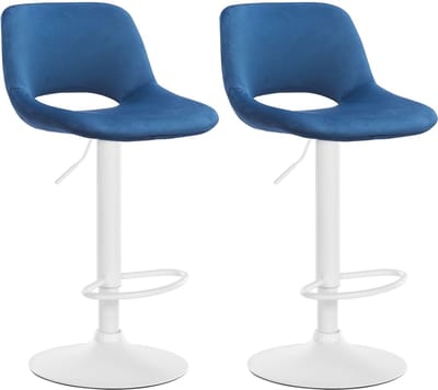 CLP Camden Set van 2 barkrukken - Met rugleuning - Verstelbaar - Velvet - Fluweel - wit/blauw