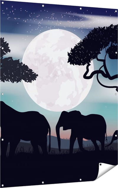 Gards Tuinposter Olifanten Silhouet tijdens Volle Maan - 120x160 cm - Tuindoek - Tuindecoratie - Wanddecoratie buiten - Tuinschilderij