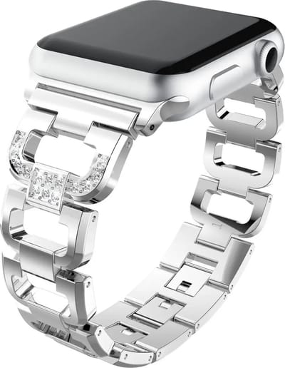 Stravo Roestvrij Stalen Diamanten Bandje - Geschikt voor Apple Watch 42mm (Series 11/10), 41mm (Series 9/8/7), 40mm (Series 6/5/4, SE 3/2/1), 38mm (Series 3/2/1) - D-vormige Dames Chic Diamond Jewelry Metalen bandje - Zilver