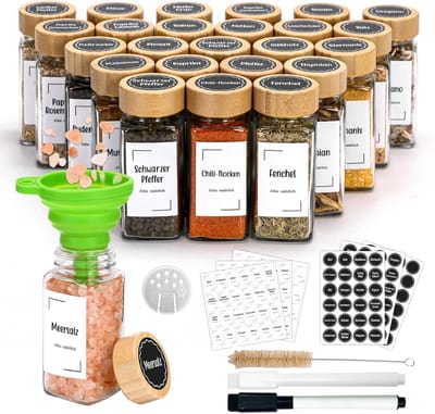 Famanu - Kruidenpotjes, vierkant, set van 24 met bamboedeksel, 120 ml, kruidenstrooier, kruidenpotje met trechter en kruidenetiketten, kruidenorganizer, kruidenopslag