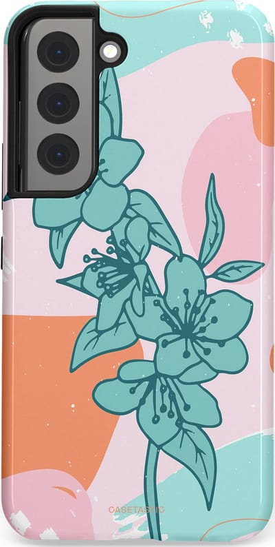 Casetastic hoesje geschikt voor Samsung Galaxy S22 - Dubbellaagse bescherming - Roze Oranje Turqoise Bloemen Modern - Fashion Case - Wit Mintgroen Perzik Lichtroze