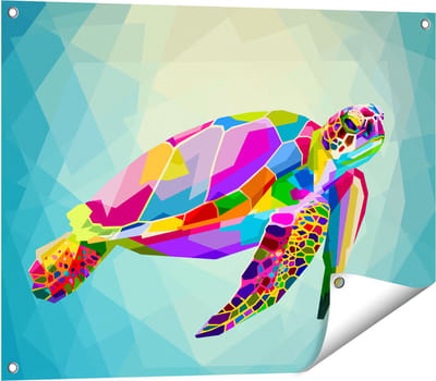 Gards Tuinposter Kleurrijke Schildpad in het Water - 80x60 cm - Tuindoek - Tuindecoratie - Wanddecoratie buiten - Tuinschilderij
