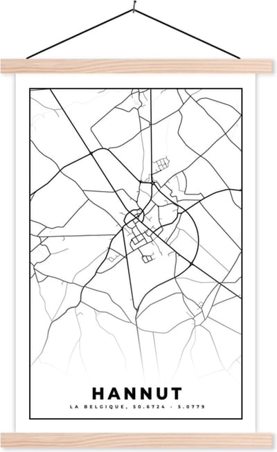 Posterhanger incl. Poster 40x60 cm - Schoolplaat - België – Hannut – Stadskaart – Kaart – Zwart Wit – Plattegrond - Textielposter - Blanke latten - Stadskaart