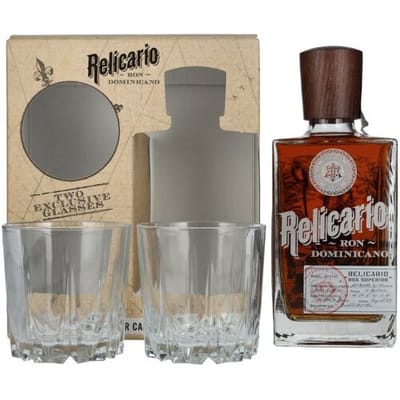 Relicario Ron Dominicano Superior 40% Vol. 0,7l in geschenkverpakking met 2 Bril
