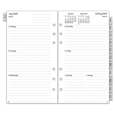 Planner, inleg personeel, A6, 6 gaten, 1 week 2 pagina's met tabs, notities, contact, aug 2026-jul 2027, 100 g/m², kalendervulling, vulling voor kalender 26/27 planner, 95 x 171 mm
