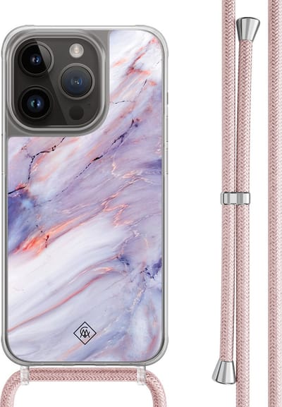 Casimoda® hoesje met rosegoud koord - Geschikt voor iPhone 13 Pro - Marmer Paars - Afneembaar koord - TPU/polycarbonaat - Paars