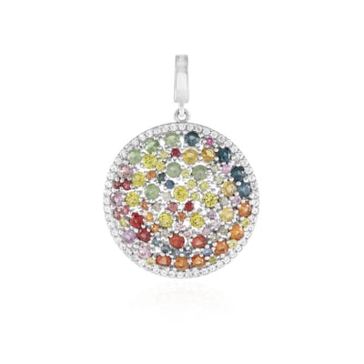 Cavill - Zilveren Hanger 925 Sterling Zilver Geplatineerd - 4,22 Ct Saffieren Rond & 0,75 Ct Zirkonia - Kleurrijk Design - 37x26 mm