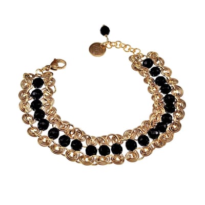 Armband Dames - Verguld RVS - Brede Armband met Gefacetteerde Onyx Stenen - Spiralen Armband - Verstelbaar