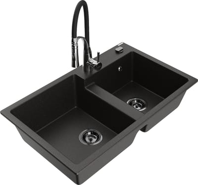 Mexen Tomas granieten spoelbak met 2 compartimenten en keukenmengkraan Aster, zwart/goud metallic - 6516-75-73450-07-B