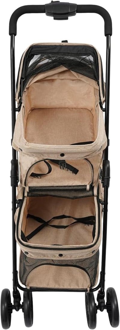 Huisdierwagen met twee verdiepingen - Hondenbuggy Kattenbuggy - Comfortabel reizen met huisdier - Dubbele compartimenten - Tot 20 kg - Kaki