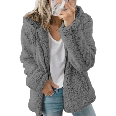 Manteaux pour femmes laine fourrure moelleux manteau polaire vestes à capuche à manches longues hiver plus chaud en peluche polaire Cardigan S gris foncé