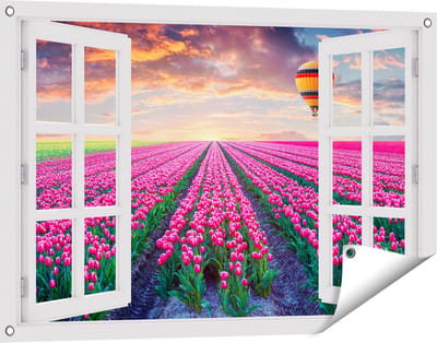 Gards Tuinposter Doorkijk Bloemenveld met Roze Tulpen - Luchtballon - 90x60 cm - Tuindoek - Tuindecoratie - Wanddecoratie buiten - Tuinschilderij