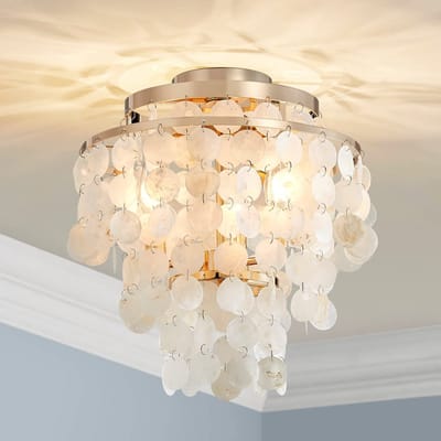 Mossi Capiz Shell plafondlamp, kuststijl, perfect voor woonkamer, slaapkamer, eetkamer, D33cm x H38cm, 3-lichts, glanzende gouden afwerking
