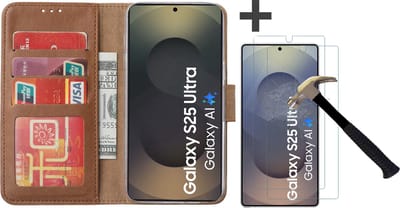 Hoesje met 2 Stuks Screenprotectors Geschikt voor Samsung Galaxy S25 Ultra – Arara bookcase met pasjeshouder - Bruin