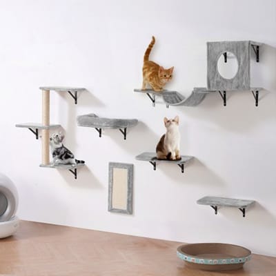 VEVOR Wandgemonteerde Kattenplanken, Kattenwandplanken en Zitstokken met Springplanken, Hangmat, Bank, Krabpaal & Kattengreep, Kattenmeubels en Planken tot 18 kg voor Slapen, Spelen, Klimmen, Set van 6