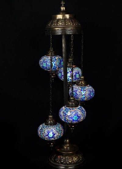 Turkse lamp - staande lamp blauw - 5 bollen - handgemaakt mozaïek - 120 cm hoog