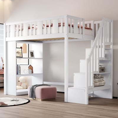 VVBV Kinderhoogslaper 90x200 cm - Opbergruimte, Trap/Ladder, Voor Kinderen/Tieners, Planken - Hout Wit - Zonder Matras