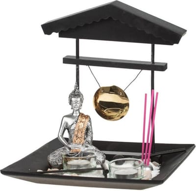 Boeddha zen tuin met waxinelichthouders - voor binnen - zilver - 24 x 26 cm