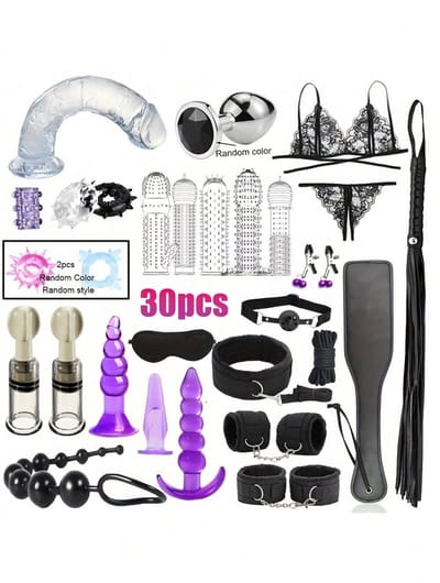 Daity 30-delige BDSM Sex Speeltjes Set - Erotische Bondage Set met Vibrator, Handboeien, Buttplugs, Zweep, en Meer - Volwassen Speelgoed voor BDSM Spelletjes en Intiem Spel - zwart