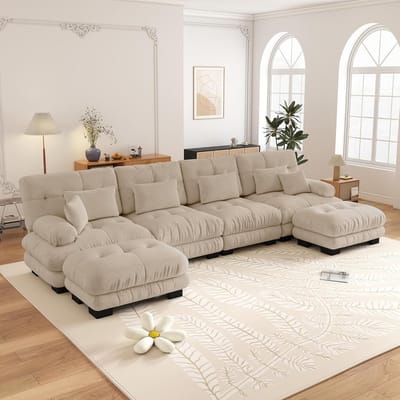 4-Zits Bank, U-Bank, Modulaire Hoekbank, U-vormige Bankstel voor de Woonkamer, Comfortabele 4-zitsbank met Verplaatsbare Poef, Doe-het-zelf Combinatie, Chenille-Lichte Koffie
