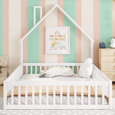 Bed - 140 x 190 cm - Kinderbed in schoorsteenvorm - Bed met gestreepte onderkant (zonder matras) - Vurenhout - Minimalistische stijl - Wit