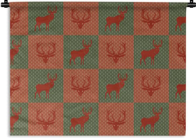 Wandkleed - Wanddoek - Patroon - Hert - Groen - Rood - 120x90 cm - Wandtapijt