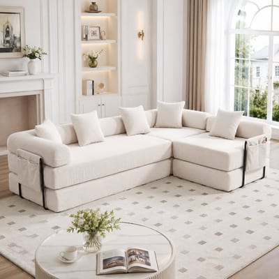 MIVRAY Slaapbank 270 x 180 cm - Modulaire Hoekbank Met Opbergtas En Slaapfunctie - Voor Woonkamer Of Logeerkamer - Corduroy Beige