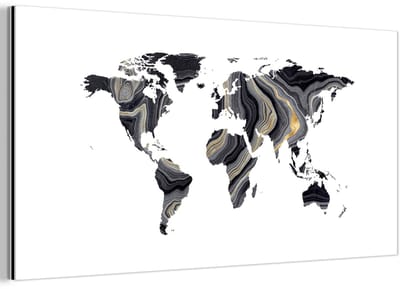 Aluminium schilderij 80x40 cm - Wanddecoratie metaal - Wereldkaart - Goud - Zilver - Zwart - Metalen muurdecoratie woonkamer - Decoratie industrieel - Foto op dibond - Industriële accessoires slaapkamer