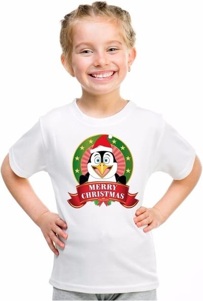 Kerst t-shirt voor kinderen met pinguin print - wit - shirt voor jongens en meisjes 110/116