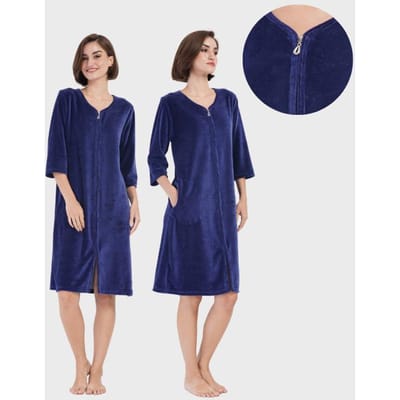 Robe de chambre en coton velours pour femme à fermeture éclair avec poches Vienetta M blue