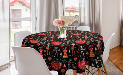 ABAKUHAUS Dia de los Muertos ronde tafelkleed, cirkelvormige tafelkleedhoes voor eetkamerkeukendecoratie, 150 cm, donkerbruin meerkleurig