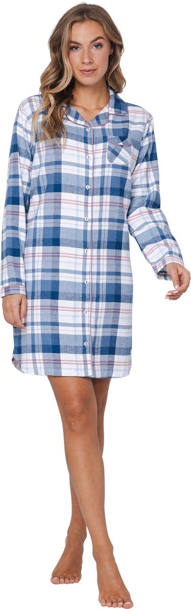 Pastunette - Flannel Check - Nachthemd - Doorknoop - Blauw/Wit - Flanel - Maat 42