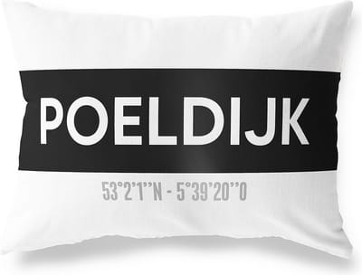 Tuinkussen POELDIJK - ZUID-HOLLAND met coördinaten - Buitenkussen - Bootkussen - Weerbestendig - Jouw Plaats - Studio216 - Modern - Zwart-Wit - 50x30cm