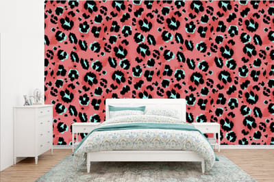 Behang - Fotobehang Panterprint - Roze - Blauw - Patroon - Breedte 385 cm x hoogte 240 cm