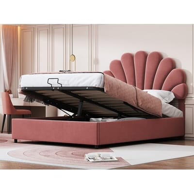 ModernLuxe Fluweelzacht opbergbed - 140x200 cm - hoofdeinde in bloemvorm - met lattenbodem - Roze