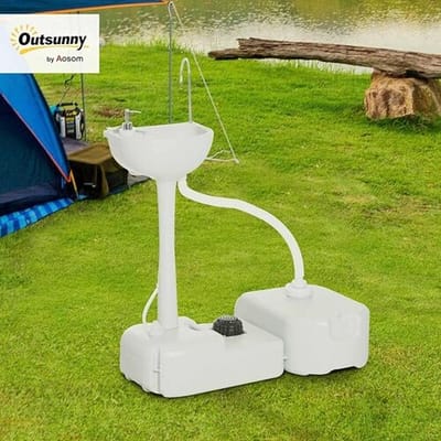Outsunny DANVOY campingwasbak met watertank (17 L), pedaalemmer en handdoekhouder, mobiel, grijs