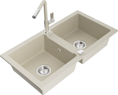 Mexen Mario granieten gootsteen met 2 kamers en keukenkraan Flora, beige - 6504-69-670401-09