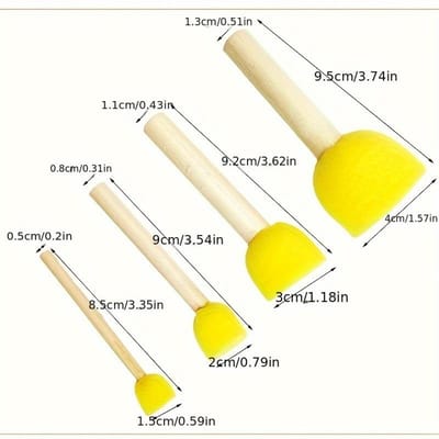 Ensemble de 4 pinceaux éponges ronds pour la peinture, design tête de champignon avec manches en bois naturel, tailles assorties, idéal pour le graffiti et les projets artistiques yellow